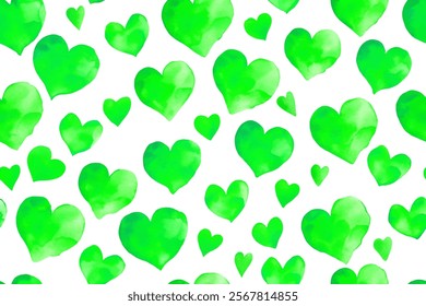 Green watercolor hearts, vibrant pattern, playful design, romantic theme, seamless background, artistic texture.