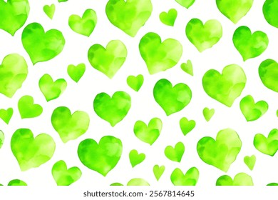 Green watercolor hearts, vibrant patterns, playful design, romantic theme, seamless background, love motifs, artistic style.