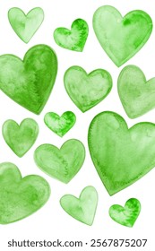 Green watercolor hearts, vibrant shades, artistic design, romantic theme, decorative elements, love symbols, nature-inspired.