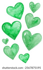 Green watercolor hearts, vibrant shapes, artistic design, romantic theme, perfect for invitations, love graphics.