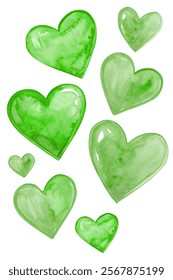 Green watercolor hearts, vibrant shapes, artistic design, romantic elements, playful decoration, love symbols, nature-inspired.