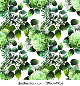 Green watercolor  hydrangea vignette. Vector seamless pattern