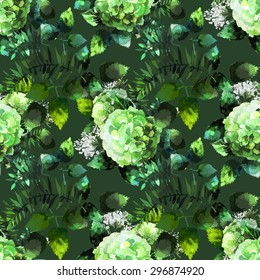 Green watercolor  hydrangea vignette. Vector seamless pattern