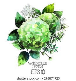 Green watercolor  hydrangea vignette. Vector design element isolated on white background