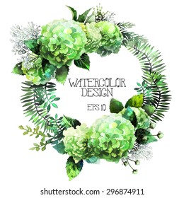 Green watercolor  hydrangea wreath. Vector frame isolated on white background