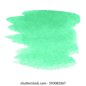 Green watercolor isolated wet brush paint vector stain on white background for text design, web, tag. Aquarelle light color hand drawn paper texture illustration element for wallpaper, blank, print