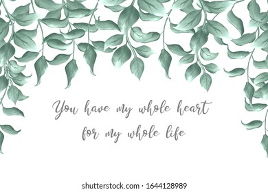 Green watercolor leaves. White background. For printing on a postcard.