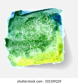 Green watercolor paint background with white hand drawn round doodles. Abstract design of backdrop. Vector illustration.