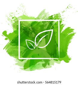 Green watercolor paint with leaves symbol for Ecology concept, Vector illustration