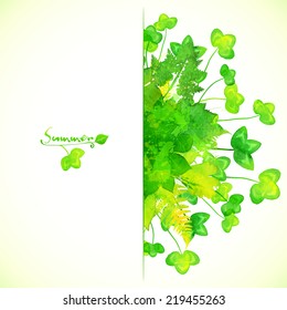 Green watercolor painted summer leaves vector banner design