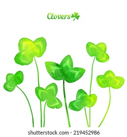 Green watercolor painted vector clover leaves