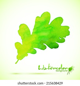 Green watercolor painted vector oak leaf