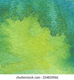Green watercolor paper texture hand drawn background. Wet brush painted smudges and spots abstract vector illustration. Nature design card for scrapbook, print, template, banner, poster, wallpaper.