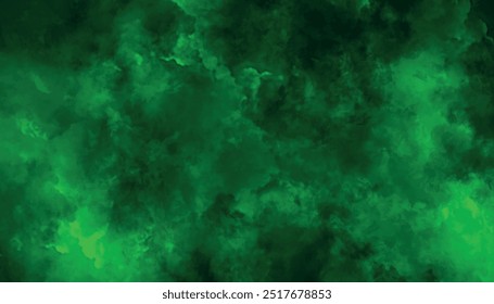 Green watercolor paper textured illustration with splashes, Abstract painted artistic grunge horizontal design with forest green,	