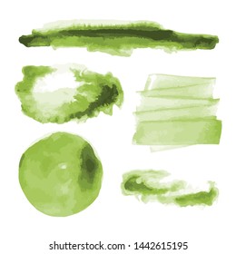 Green watercolor shapes, splotches, stains, paint brush strokes. Abstract watercolor texture backgrounds set. Isolated on white background. Vector illustration.
