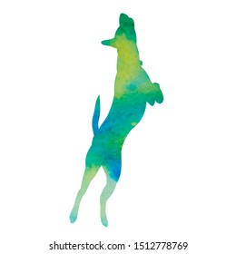 green watercolor silhouette of a dog jumping