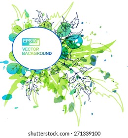 Green watercolor splash background with hand drawn leaves. Artistic vector design for banners, greeting cards, spring sales.