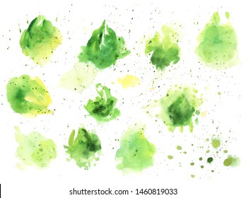 Green watercolor splash texture. Hand drawn yellow and green blots drawing vector art. Splattered backdrop. Abstract greenery smudges illustration. Realistic paint drops effect for postcard, banner