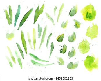 Green watercolor splash texture vector set. Hand drawn yellow and green blots drawing. Splattered backdrop. Abstract greenery smudges illustration. Realistic paint drops effect for postcard, banner