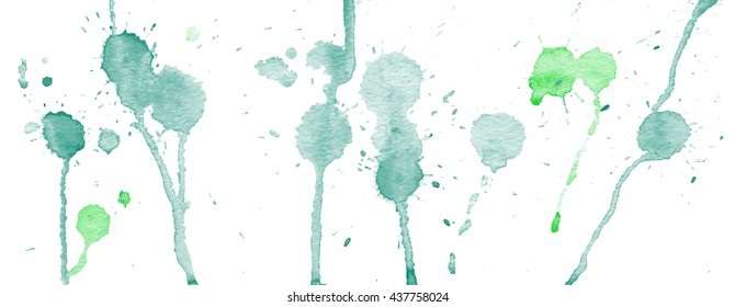Green watercolor splashes and blots on white background. Ink painting. Hand drawn illustration. Abstract watercolor artwork. 
