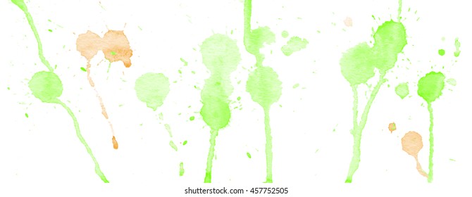 Green watercolor splashes and blots on white background. Ink painting. Hand drawn illustration. Abstract artwork. 