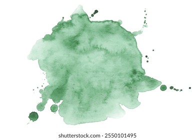 Green Watercolor Splatter on White Background. Hand painted aquarelle splash for ecology concept, presentations, website, packaging, banner