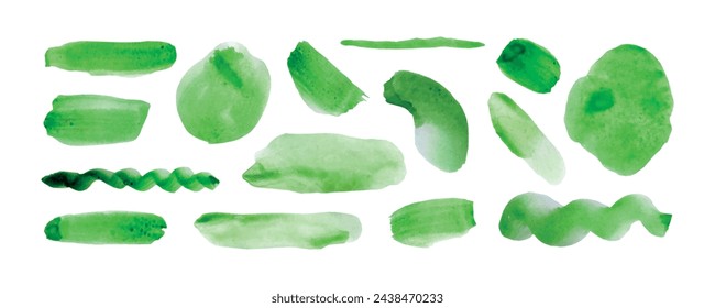 Green watercolor stains. Set of green watercolor brush stains design. Vector illustration