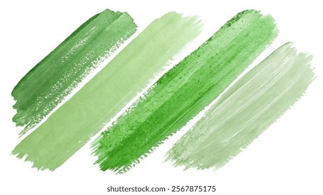 Green watercolor strokes, textured brush marks, vibrant color palette, artistic background elements, suitable for design projects.