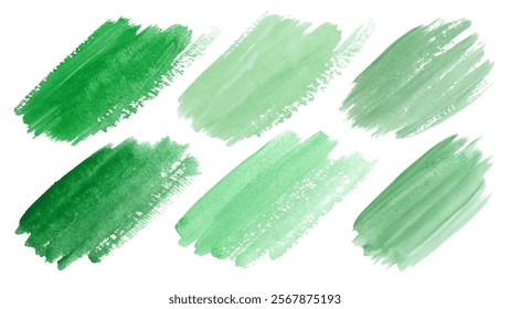 Green watercolor strokes, textured brush marks, artistic background elements, nature-inspired design, versatile for various projects.