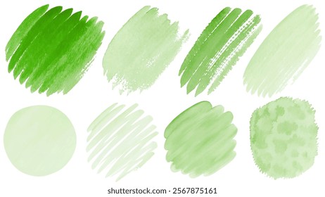 Green watercolor swatches, artistic brush strokes, textured backgrounds, abstract design elements, versatile for creative projects.