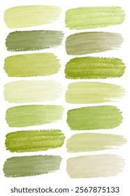 Green watercolor swatches, soft brush strokes, nature-inspired palette, artistic background, versatile design elements.