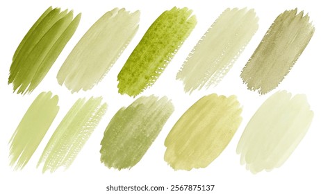 Green watercolor swatches, soft brush strokes, natural tones, artistic background elements, versatile design use.