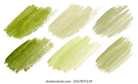 Green watercolor swatches, soft brush strokes, nature-inspired palette, artistic background elements, versatile design use.