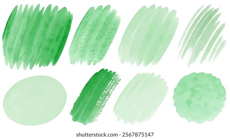 Green watercolor swatches, soft brush strokes, artistic texture, nature-inspired design, vibrant shades, creative background elements.