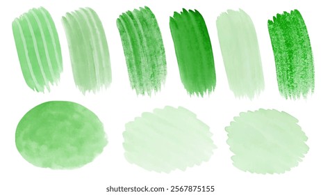 Green watercolor swatches, soft brush strokes, artistic texture, nature-inspired palette, vibrant shades of green.