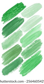 Green watercolor swatches, textured brush strokes, vibrant shades, artistic background, nature-inspired palette.