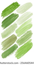 Green watercolor swatches, textured brush strokes, natural color palette, artistic background, design elements.