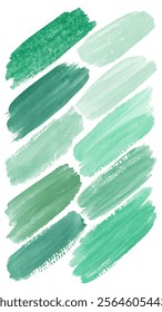 Green watercolor swatches, textured brush strokes, artistic color palette, nature-inspired design, creative background elements.