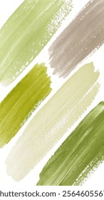 Green watercolor swatches, textured brush strokes, organic color palette, artistic background design, nature-inspired hues.