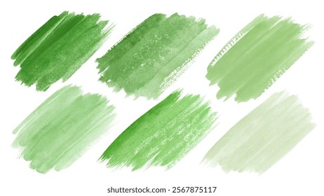 Green watercolor swatches, textured brush strokes, artistic background, nature-inspired design, versatile for various projects.