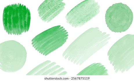 Green watercolor swatches, textured brush strokes, artistic background, nature-inspired design, vibrant color palette.