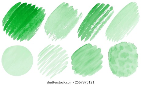 Green watercolor swatches, textured brush strokes, artistic design elements, vibrant color palette, creative background use.