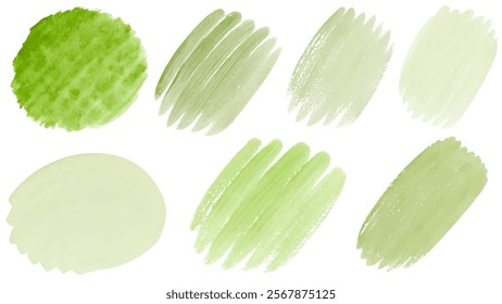 Green watercolor swatches, textured brush strokes, soft pastel tones, artistic design elements, perfect for backgrounds.