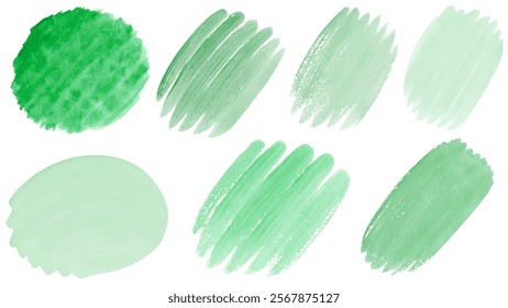 Green watercolor swatches, textured brush strokes, artistic design elements, abstract background, nature-inspired color palette.