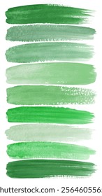 Green watercolor swatches, various shades, artistic brush strokes, vibrant color palette, ideal for design projects.