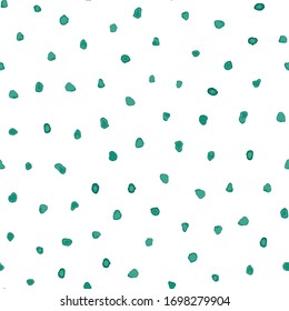 Green watercolor textured polka dots vector seamless pattern on white background. Vector illustration.