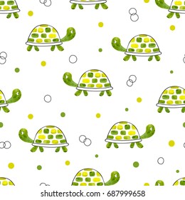 Green watercolor tortoise seamless pattern. Vector background with cartoon turtles.