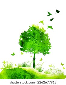 Green watercolor tree with flying birds. Hello Spring. Vector illustration