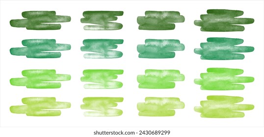 Green watercolor vector brush strokes, scribbles, squiggles set. Spring text backgrounds collection. Hand drawn watercolour brushstrokes, smears, smudges, banners. Aquarelle stains eco, vegan template