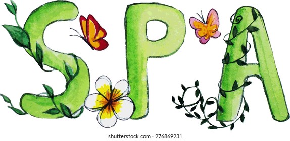 Green watercolor vector letters, spa background illustration with asian frangipani flower, butterflies and clambering plant 